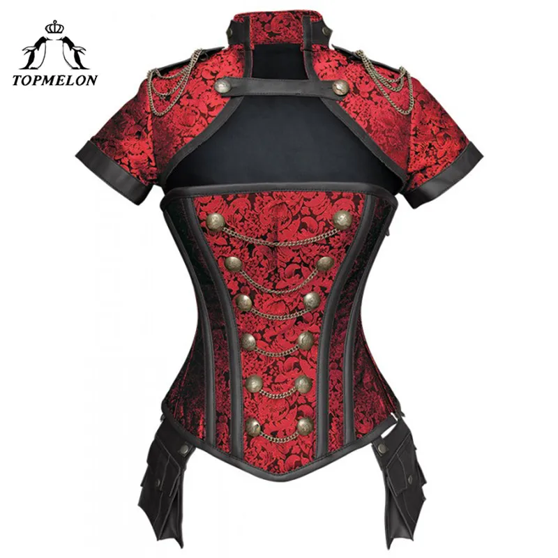 TOPMELON Steampunk Corset Gothic Steel Boned Flora Punk Bustiers Women Cut Out Chains Buttons Corselet Short Sleeve Bustier Tops TOPMELON Steampunk Corset Gothic Steel Boned Flora Punk Bustiers Women Cut Out Chains Buttons Corselet Short Sleeve Bustier Tops