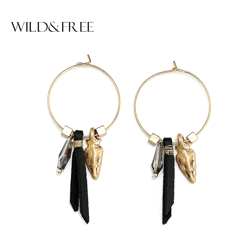 

WILD & FREE Women Trendy Gold Round Circle Hoop Earrings Vintage Black Leather Glass Bead Pendant Hoop Earrings Jewelry
