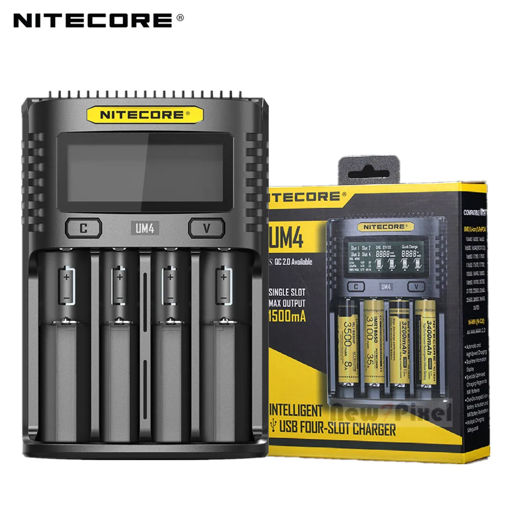 Nitecore UM4 USB четырехслотовое QC C4 VC4 ЖК-умное зарядное устройство IMR INR ICR Li-Ion AA 18650 14500 16340 26650 зарядное устройство 3,7 1,2 в 1,5 в