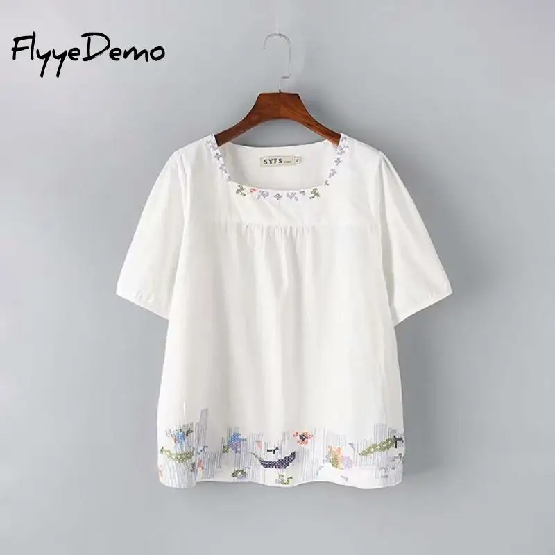 

Loose Ethnic Vintage Floral Embroidered Blouses For Women Loose Short Sleeve Shirt Women Cotton Big Top Casual Blusas Plus Size