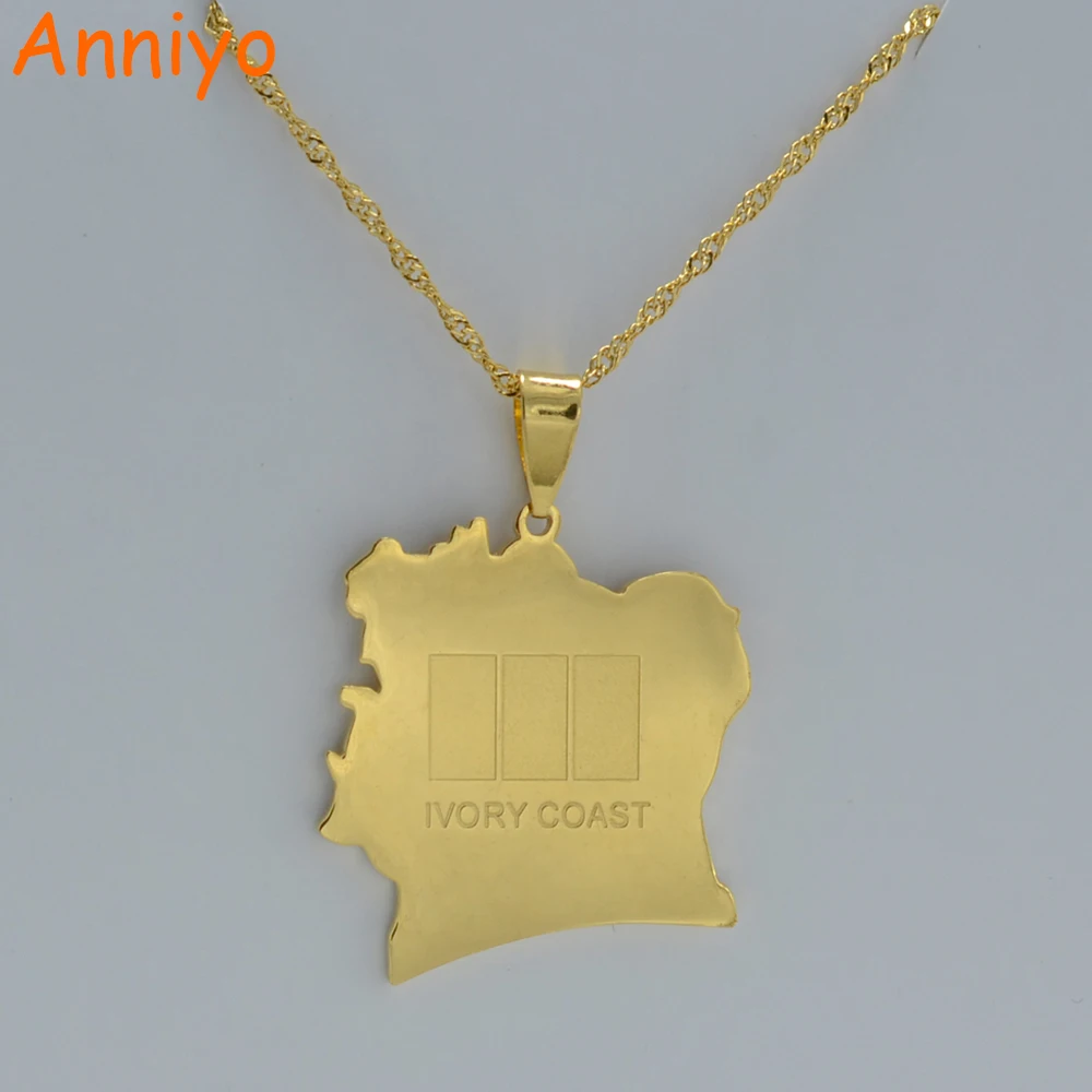 

Anniyo COTE D IVOIRE Map Flag Gold Color Charm Pendant Necklaces Ivory Coast Country Map Jewelry Cote d'ivoire #001221