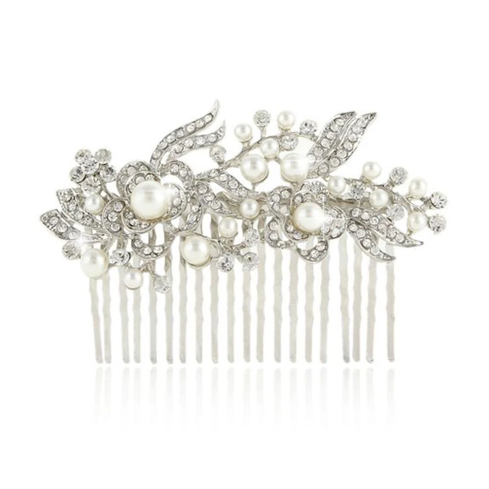 Свадебная Расческа для прически невесты цветок и листья стиль горный хрусталь инкрустированная расческа для волос украшение, свадебные шпильки для волос для невесты#730 - Окраска металла: Silver