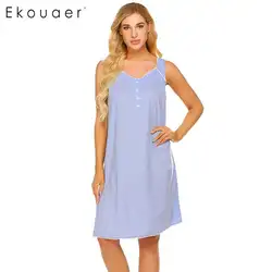 Ekouaer женская ночная рубашка из 100% хлопка летнее Ночное платье на бретельках без рукавов с v-образным вырезом плиссированная свободная