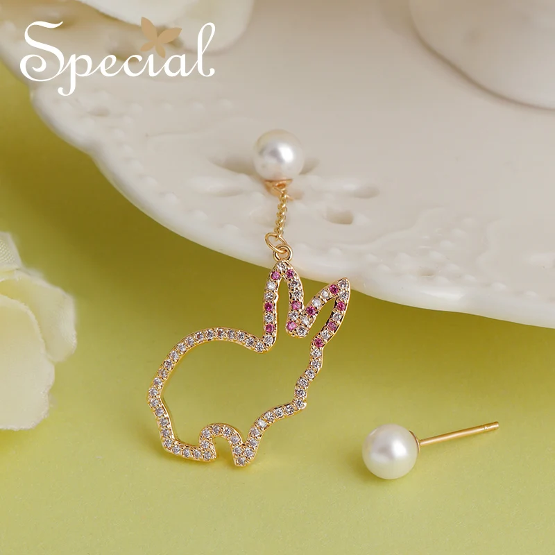 

Special Chic Smart Rabbit Stud Earrings 925 Sterling Silver Ear Pins Asymmetrical Gold Pearl Jewelry Gifts for Women S2715E