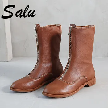 

Salu Boots Women Genuine Leather Zipper Autumn Winter Round Low Heels Ankle Boots Party Shoes Woman Big Size 41 42 43
