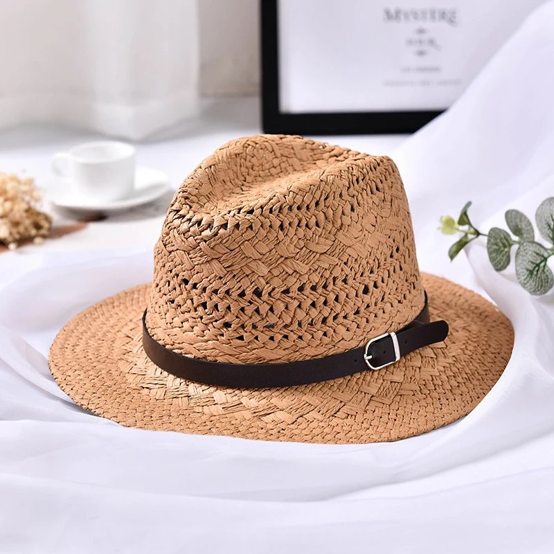 HT1560 летняя соломенная шляпа новая унисекс Федора Панамы с поясом ручной работы широкий пляжный навес шляпа мужчины женщины трибли Джаз солнце шляпы