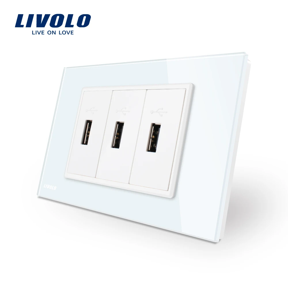  Enchufe USB estándar de 3 pines Livolo US Panel de vidrio blanco 3 puertos USB Socket 5V 2.1A toma 