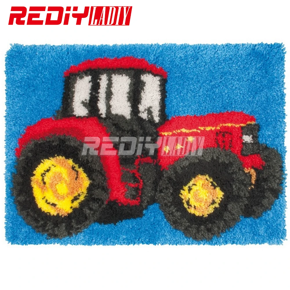 

DIY Latch Hook Rug Kits Unfinished Crocheting Tapestry 3D Yarn Needlework Cushion Set for Embroidery Carpet Red Farm Tractor Mat