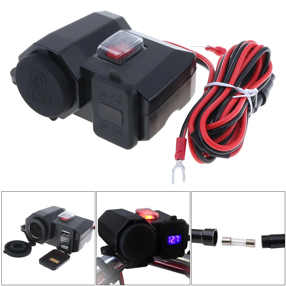 

12V DC 5V 2.1A Double USB Cigarette Lighter Adapter Motorcycle Charger Power Supply with Switch Button and Voltmeter Display