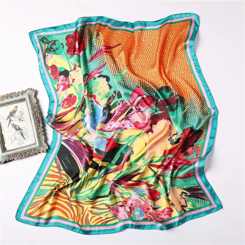Женский шелковый шарф с принтом в стиле ретро, квадратные атласные шарфы 70*70 см, многофункциональные универсальные шарфы для женщин - Цвет: FJ72 orange