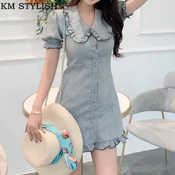

2019 Spring and Summer Lady's New Plaid Femininity Folding Peter pan Collar high Waist Short Puff Sleeve One-piece Dress