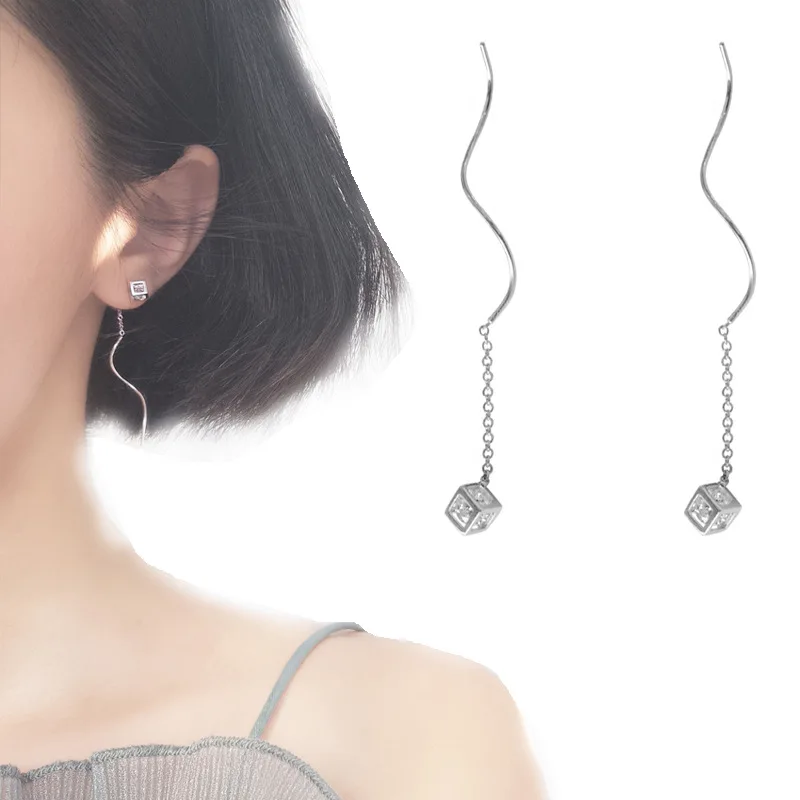 

Simple Fashion Design Silver Plated Long Tassel Ear Line Wave Zircon Cube Drop Earrings for Women Girl Korean Temperament