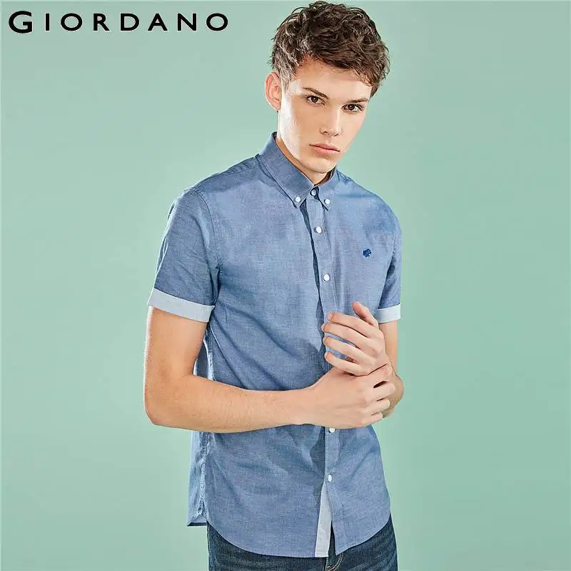 

Giordano Men Shirt Men Embroidered Frog Stretchy Oxford Fabric Slim Fit Shirt Homme Short Sleeve Button Front Contrast Color Top