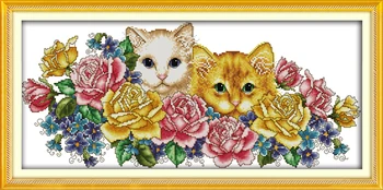 

Two cats in flowers Funny gifts Printings Cross Stitch Kits Printed Canvas Cross-stitch set Embroidery Needlework Home Decor