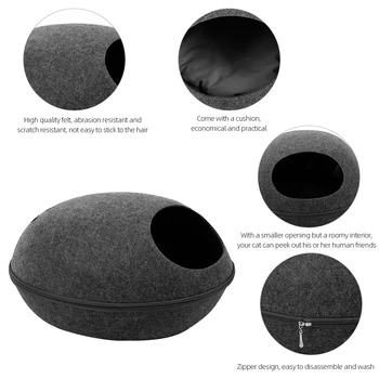 Detachable Cat Bed With Cushion Natural Felt Pet Cave Zipper Breathable Cat House Bed Cat Shelter Bed for Cats Pets Accessories 4
