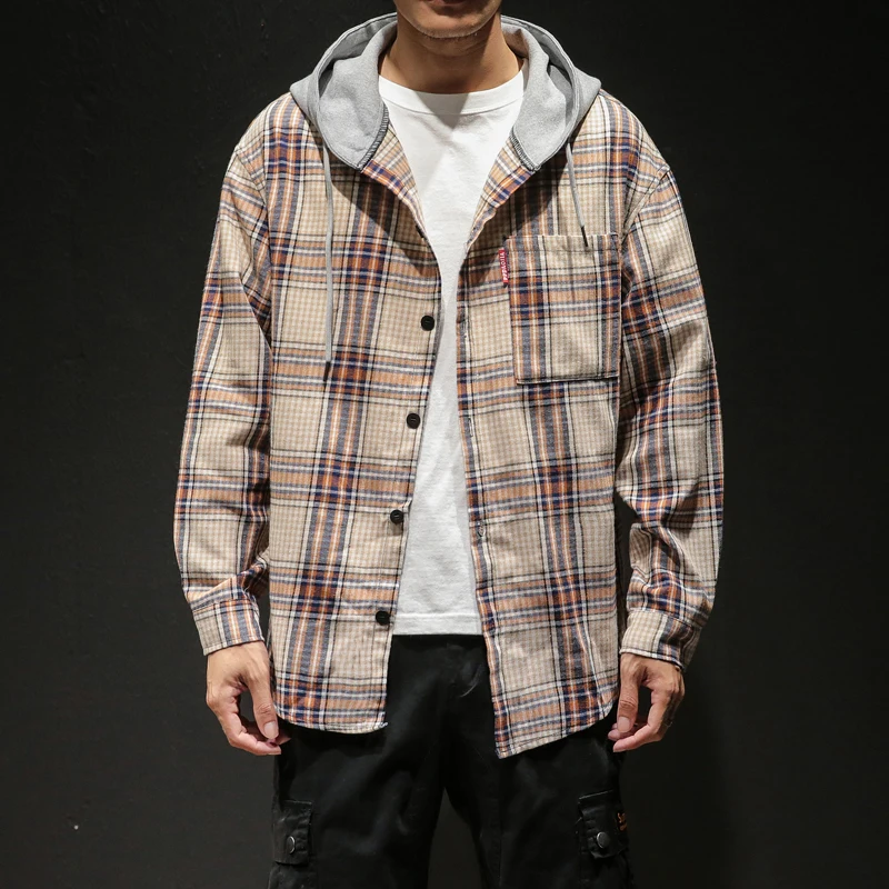 

FUGOISM 2019 M-5XL Plus Size Hooded Plaid Shirts Men Fashion Long Sleeve Cotton Linen Shirt Casual All Match Loose Tops