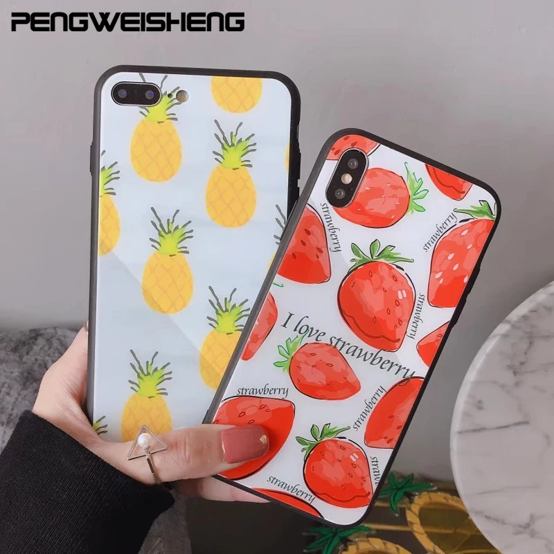 Fruit Strawberry Pineapple Cell Phone Case for iphone 7 7plus X Hard Glass Case for iphone 8 8plus 6 6plus 6S 6S+