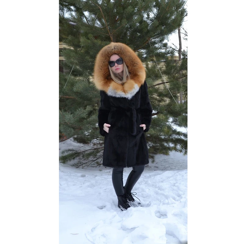 Куртка с капюшоном из меха Красной лисы Tatyana Furclub теплая черная длинная куртка