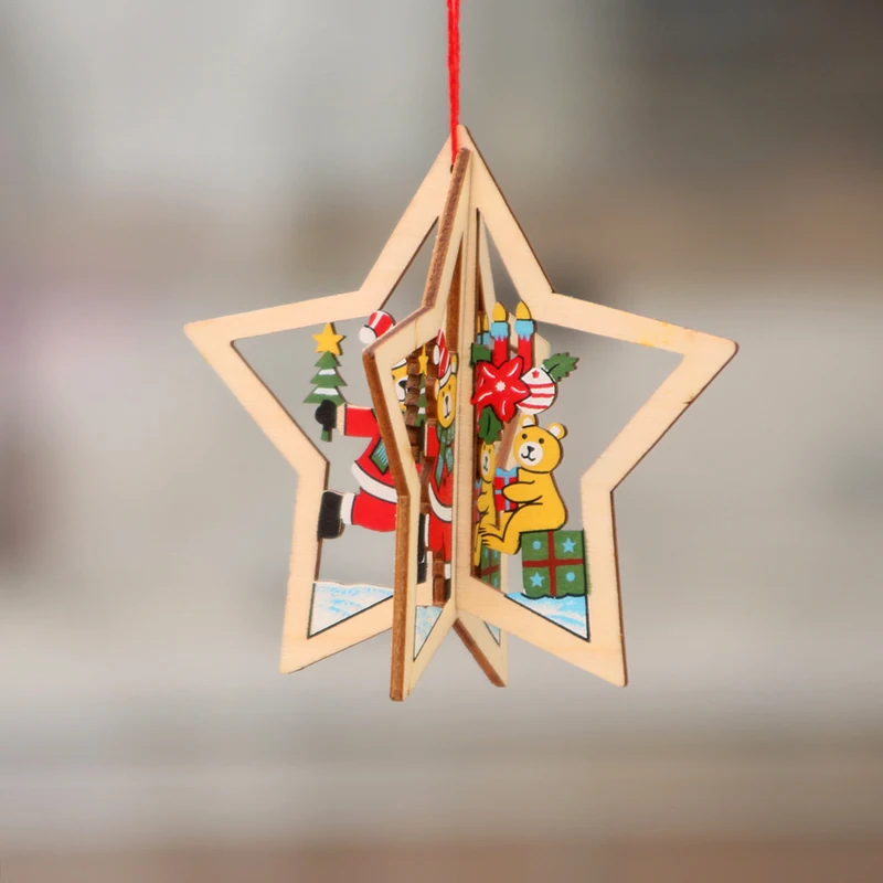 3D Christmas Star Wooden Pendants Ornaments Xmas Tree Ornament DIY Wood Crafts Kids Gift for Home Christmas Party Decorations