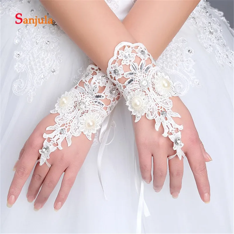 Fingerless with Rings Short Bridal Gloves White Lace Wedding Gloves