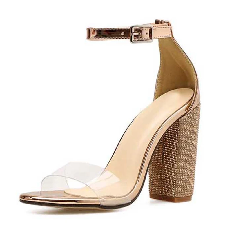 

2019 Summer Champagne Women Sandals Ankle Strap Crystal Pumps Buckle Strap High Heels 10 CM Lady Shoes