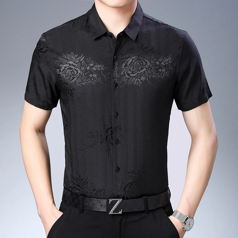Новое поступление мужская шелковая рубашка с коротким рукавом цветочные рубашки элегантная мужская повседневная Цветочная мягкая шелковая одежда