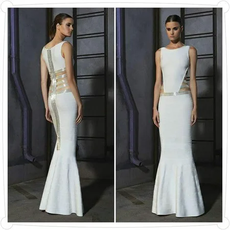 

High Quality New White Black Famous Brand Long Bandage Dress Noble Celebrity Fashion Trumpet Dress