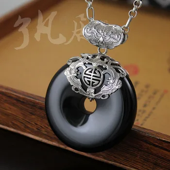 

100% pure 925 silver 45*61MM silver retro pattern Natural semi-precious stones onyx black pendant with sweater chain
