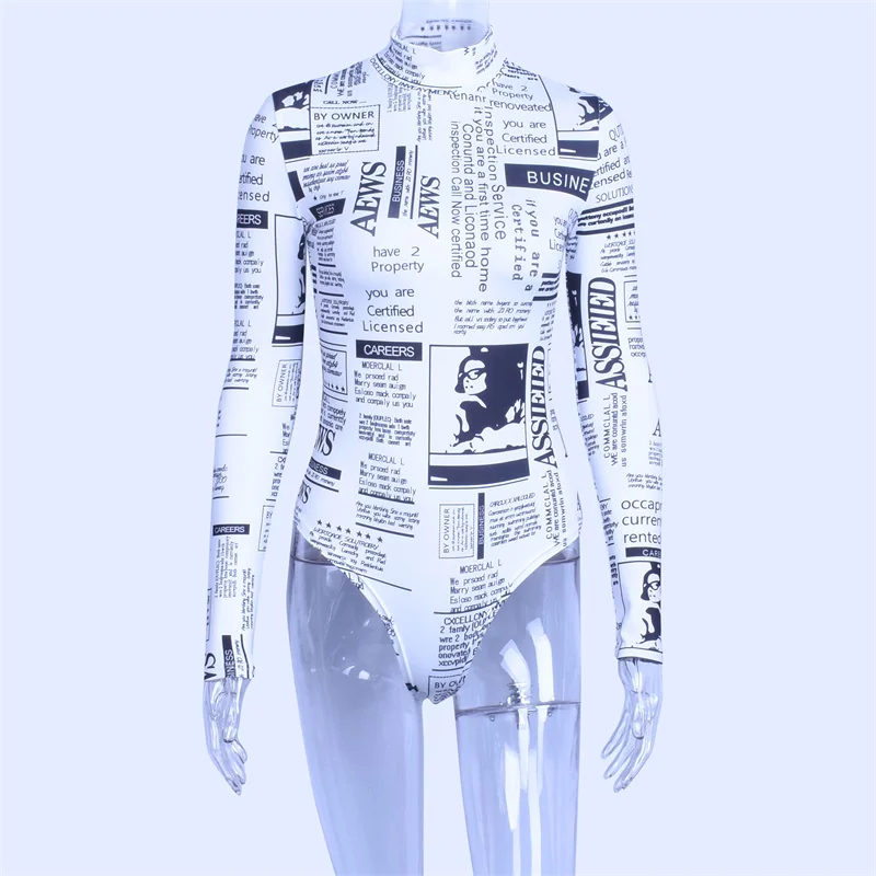 white bodysuit Dulzura newspaper print women sexy bodysuit 2018 autumn winter women streetwear stretch skinny newsprint body bodysuit top Bodysuits