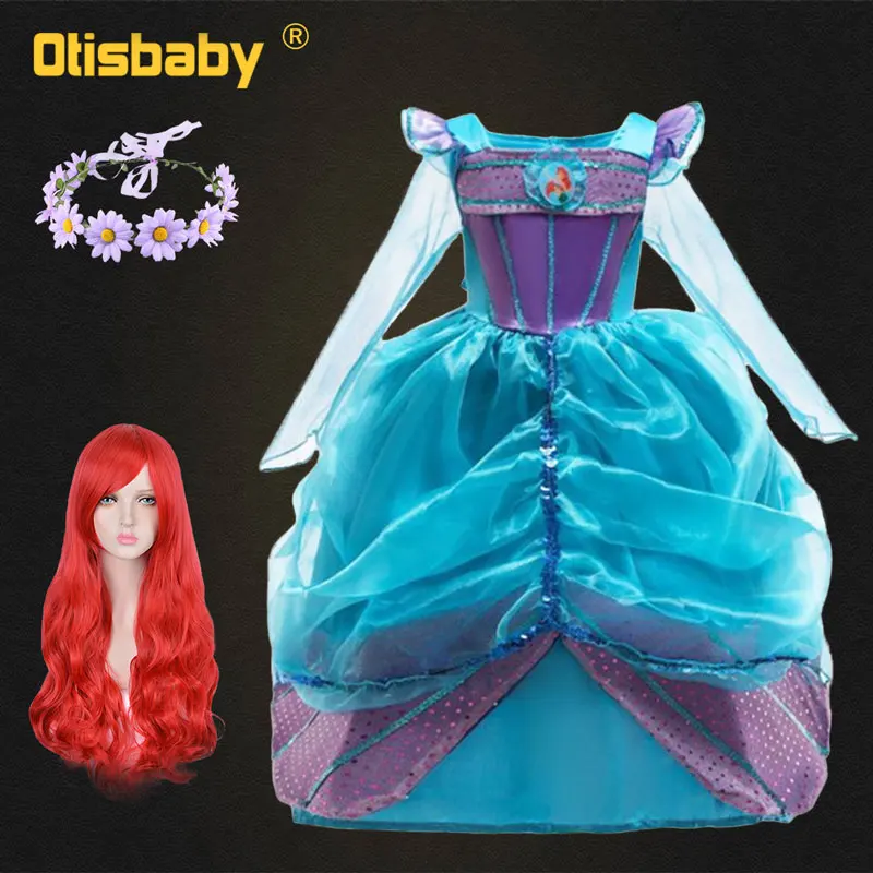 

Official Children Girls Cosplay Little Mermaid Princess Dress Kids Party Long Sleeve Prom Mermaid Wig Child Tutu Sequin Dress 10
