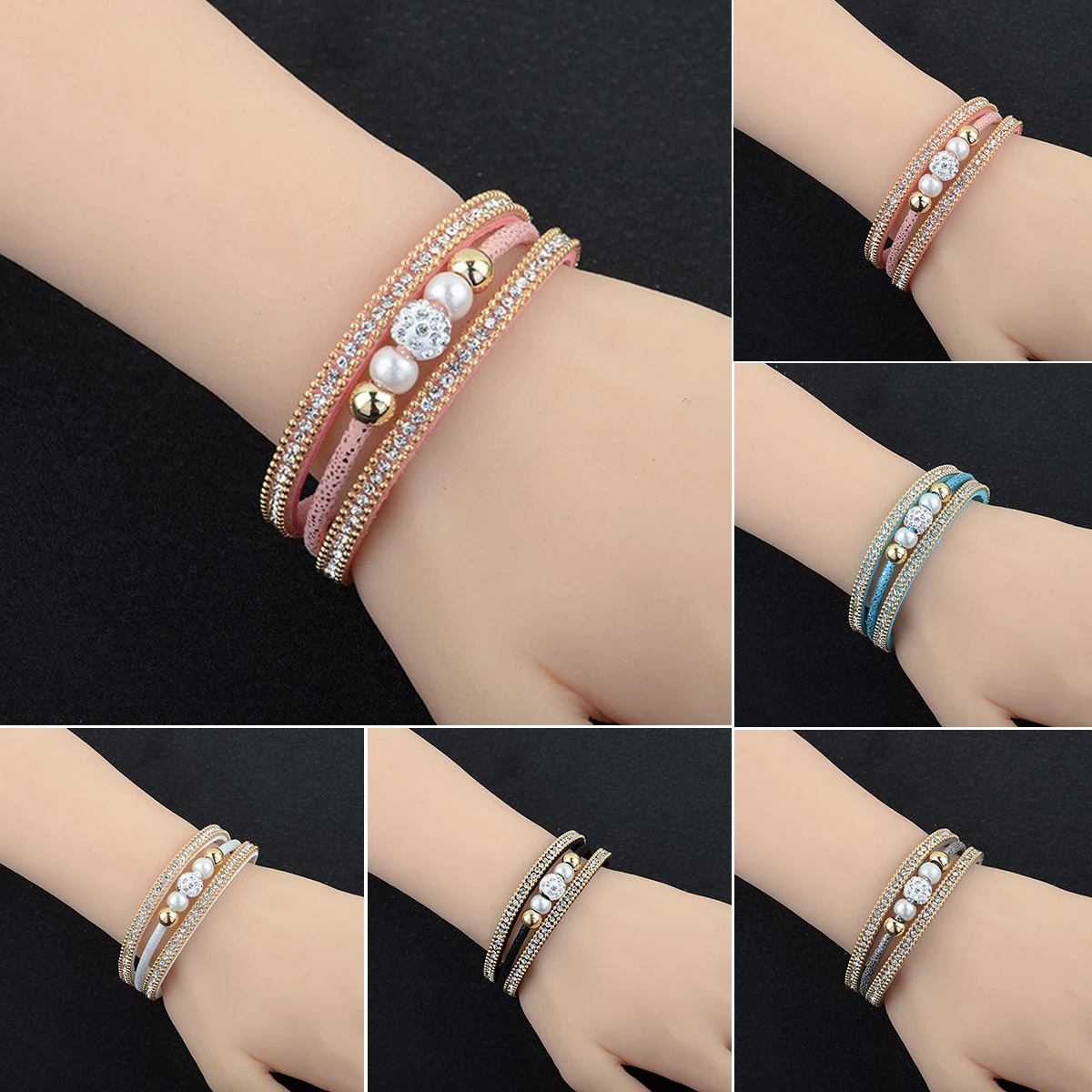 Vintage Fashion Women Bracelet Jewelry Leather Multilayer Luxury Full Crystal Beads Bracelets Punk Charm Magnetic Bangle Cuff