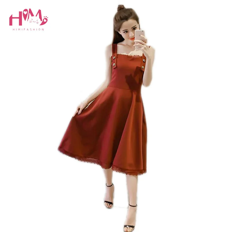 

Summer New Style Slim Solid Color Vintage Dress Button Design Spaghetti Strap Chiffon Dress Women High Waist Sexy Dress