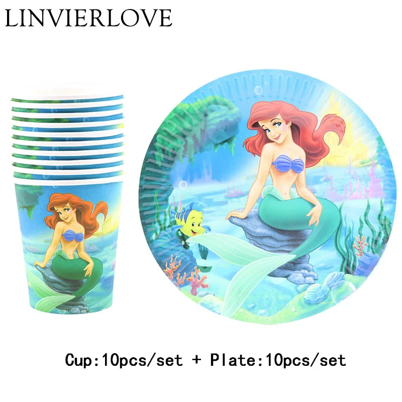 

20pcs/set Cartoon Mermaid Paper Cups+Plates Weddiing Birthday Decoration Baby Shower Festival For Kids Tableware Party Supplies