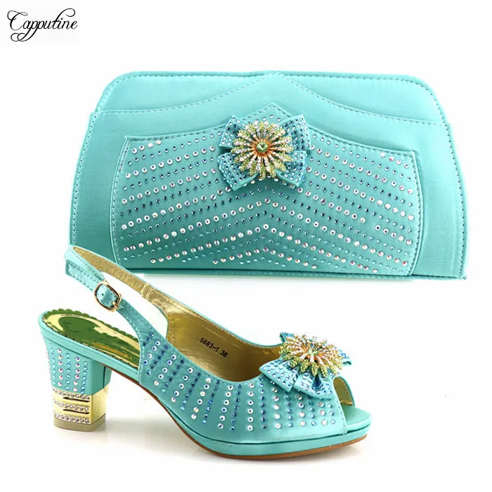

Amzing water green pump shoes matching with purse bag set for evening party 5683-1, heel height 7cm