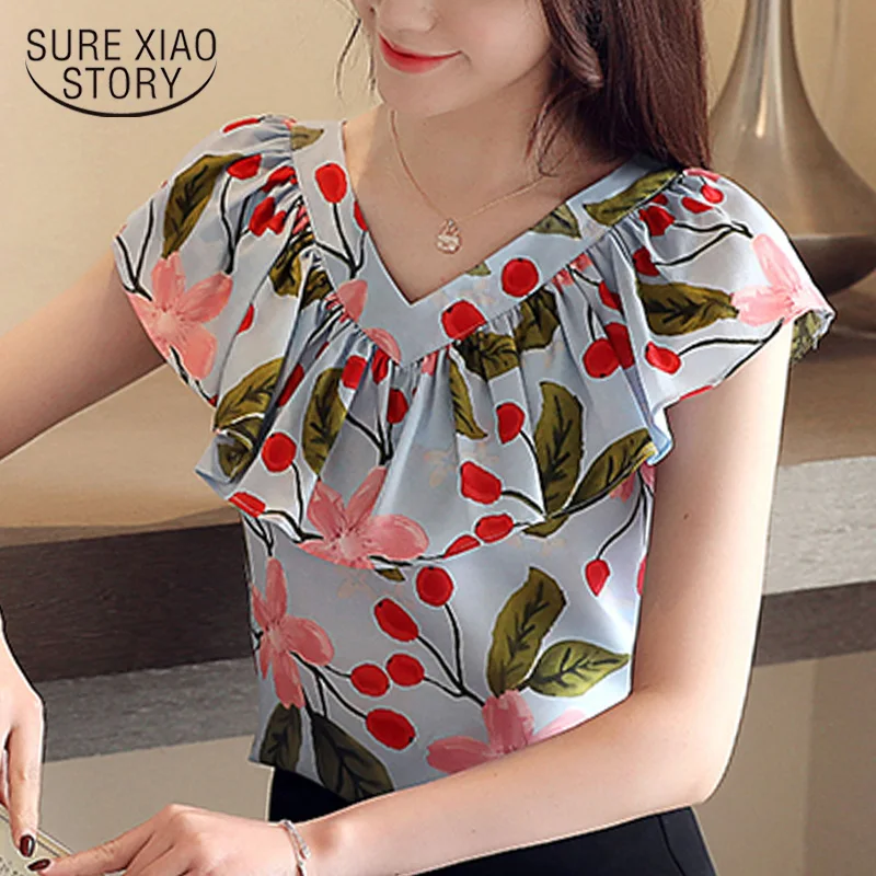 blouses woman 2019 ruffles print Chiffon blouse women short sleeve shirts summer blouse women womens blouses and tops 4369 50