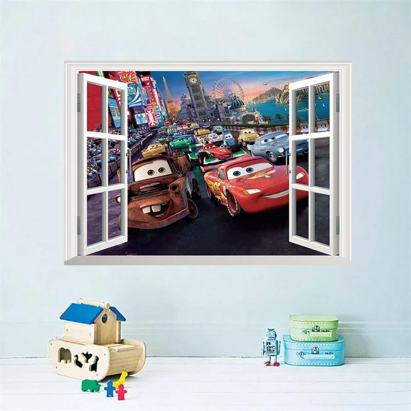 3D Effect Cartoon Cars Through Wall Stickers Bedroom Nursery Home Decor Disney Wall Decals Pvc Mural Art Diy Posters Boy's Gifts