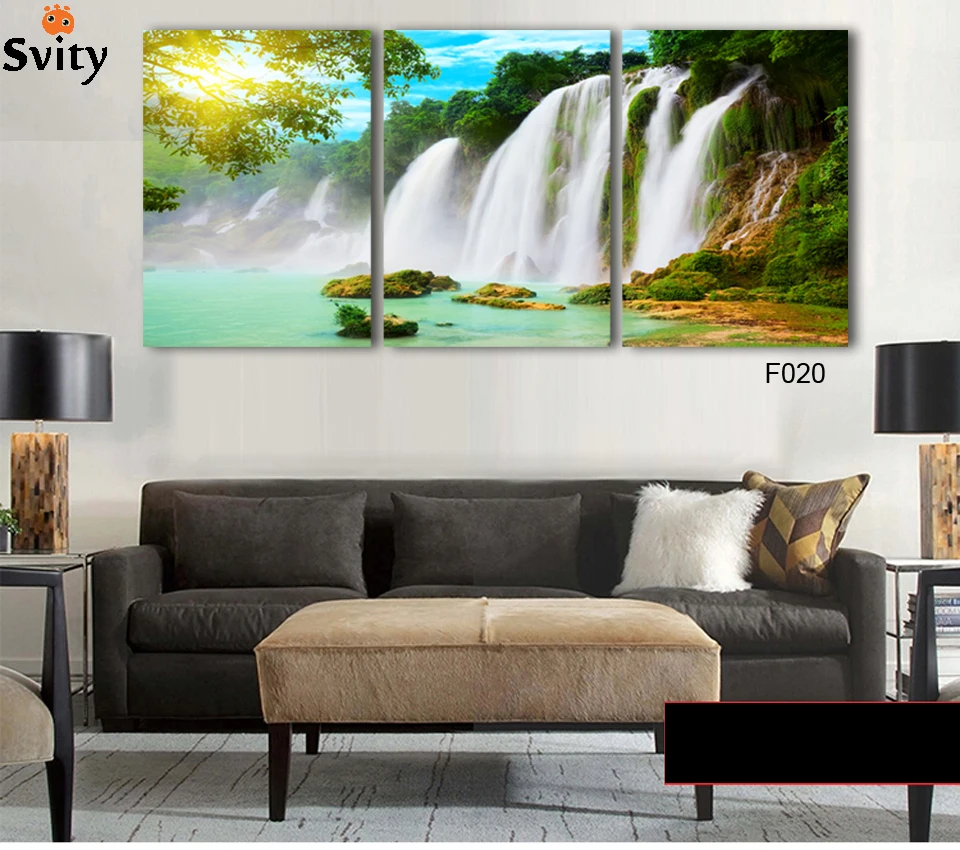 

3 pcs Abstract Waterfall with Yellow Sun Scenery Lands cape landscape art Wall Picture Print canvas Painting For Living Room