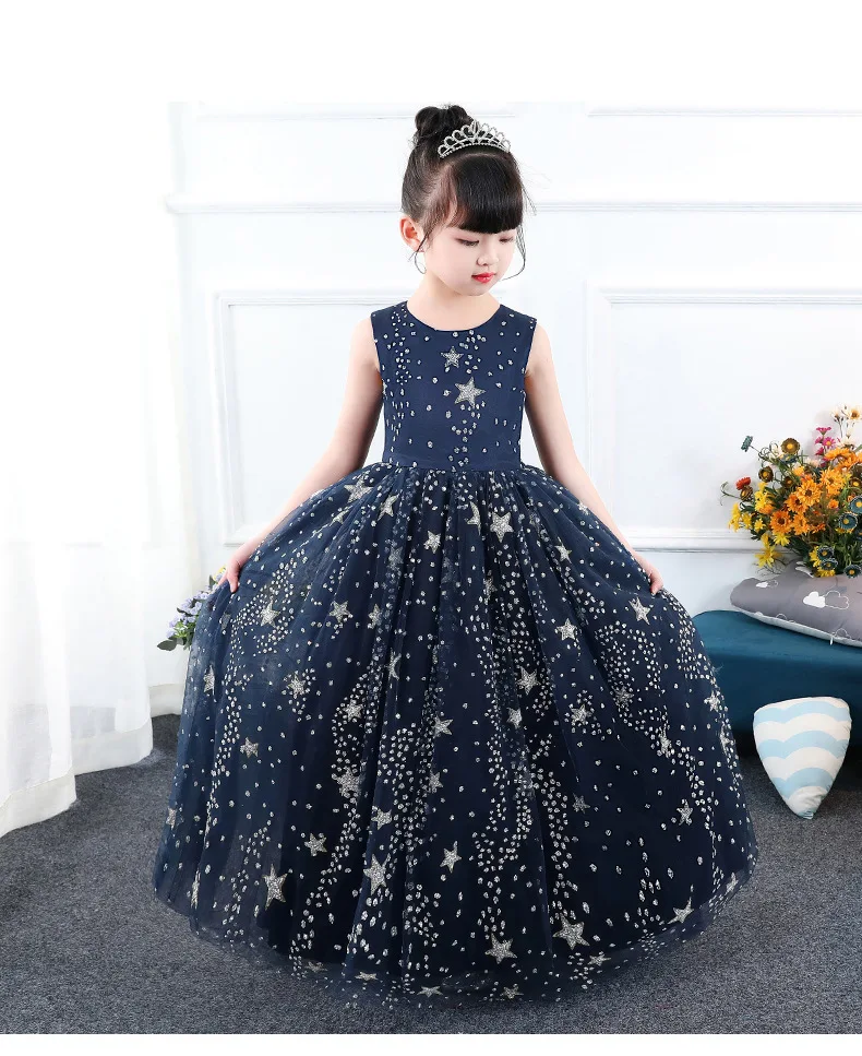 Детское вечернее платье; летнее платье принцессы голубого цвета со звездами для девочек; Детские костюмы для выступлений с принтом; вечерние платья-пачки с цветочным рисунком