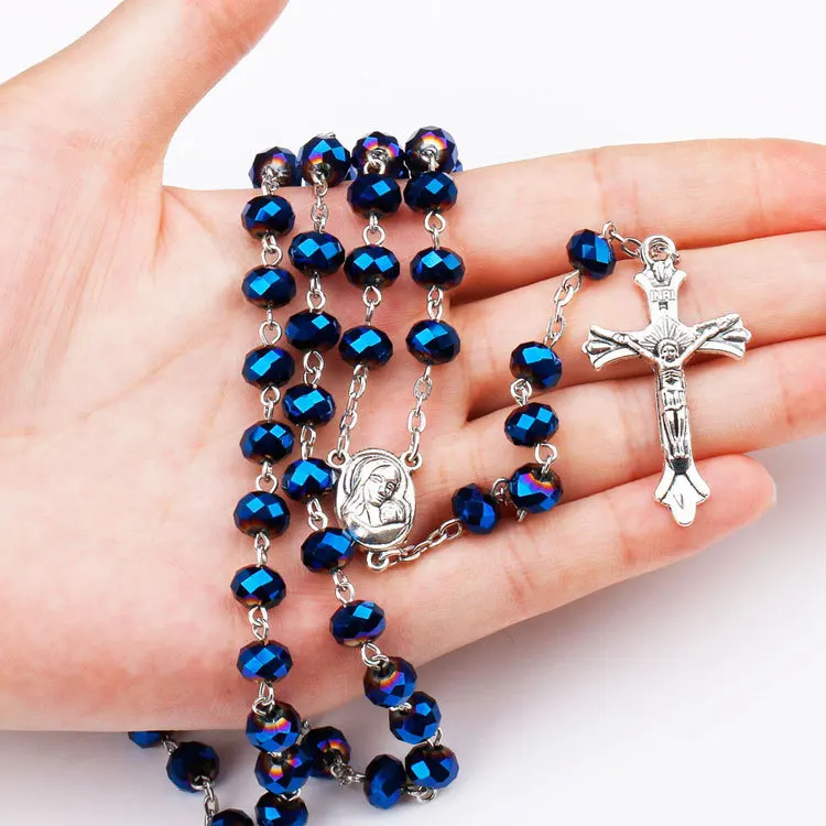 

Necklace Blue glass beads Catholic rosary Cross Crucifix Smqlivb religious Child pendants necklace sweater chain Alloy jewelry
