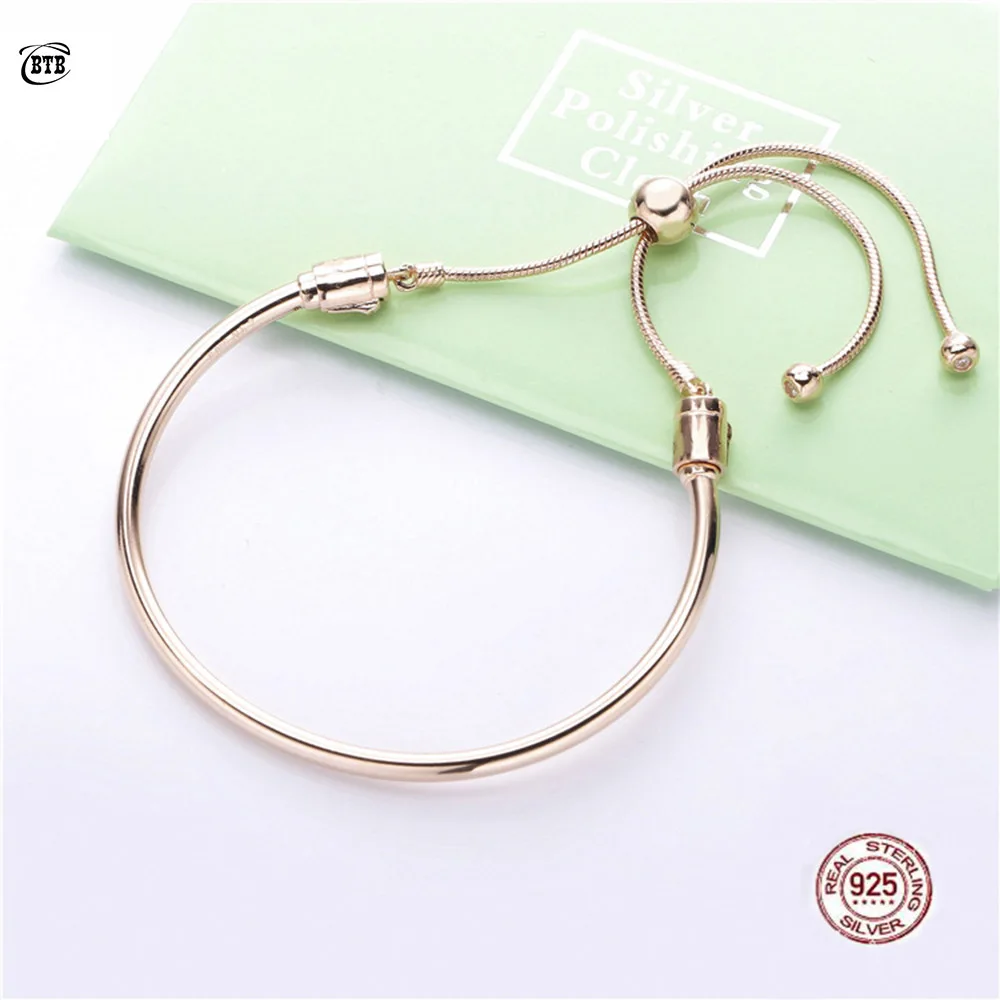 New 925 Sterling Silver Telescopic Bracelet Woman Bangle Fit DIY Beads Charm Rose Gold Fine Jewelry Gift For Female