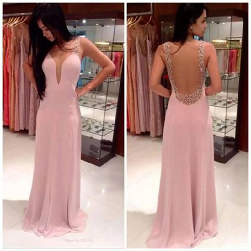 

Simple Pink Long Prom Dresses Sexy Backless Floor-Length A-Line Evening Gown 2019 Cheap Clothes China Vestidos De Baile Abiye