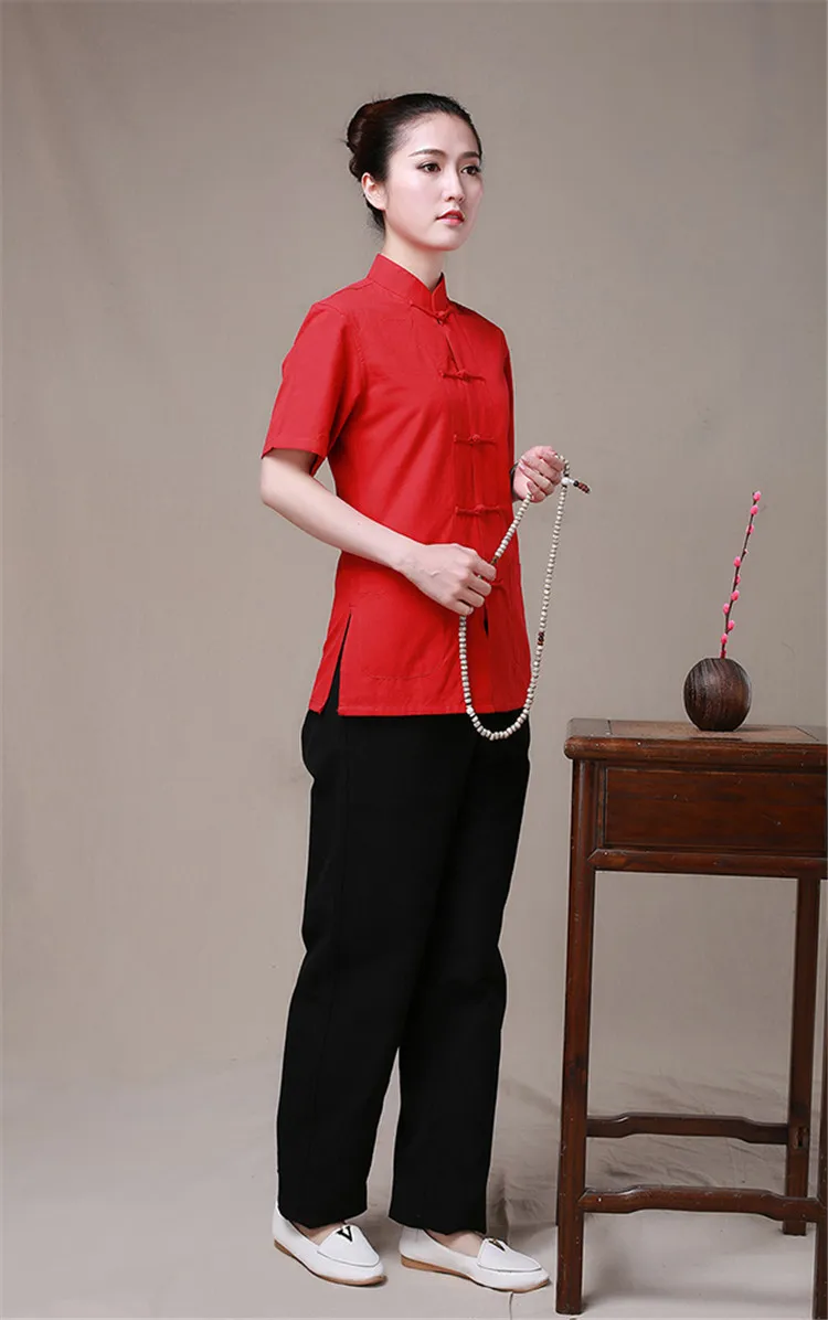 7 цветов Кунг-Фу рубашка с короткими рукавами Китайский традиционный хлопок Костюмы Тан костюм топ тайцзи ушу костюм для Для женщин