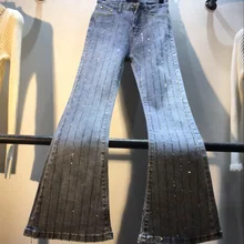 Весна осень мода вертикальный тяжелый горячий дрель Высокая талия микро-рог эластичный ковбой, девушка-ковбой брюки женские джинсы брюки