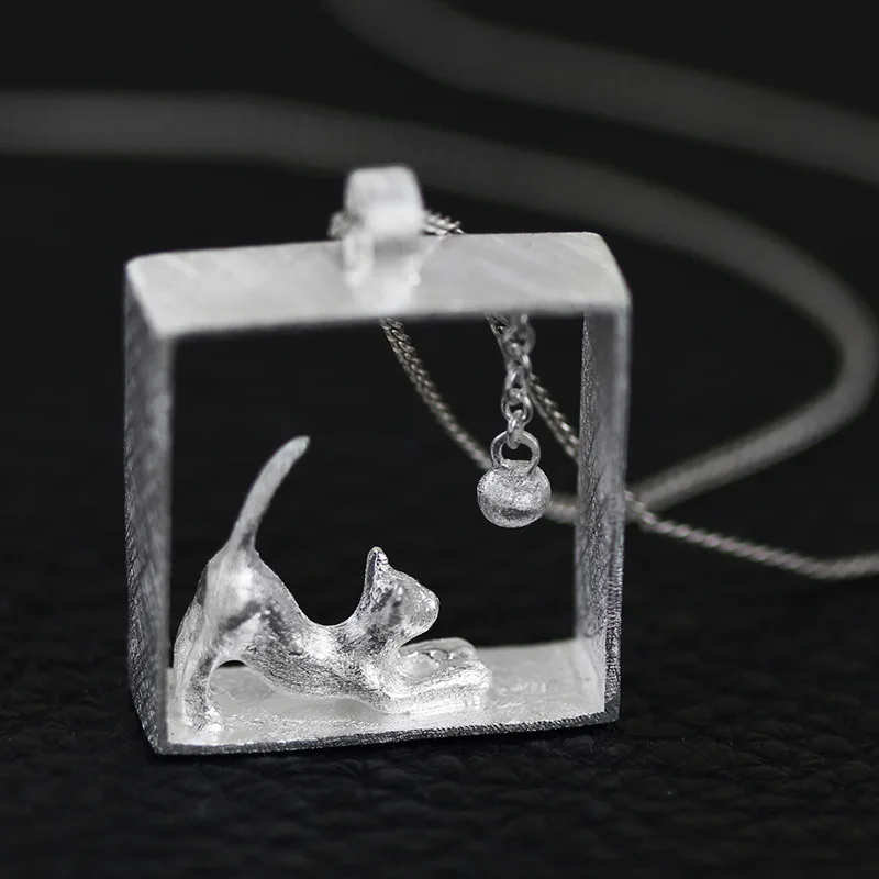 Handmade cute kitten cat play ball pendant in 925 sterling brushed silver jewelry