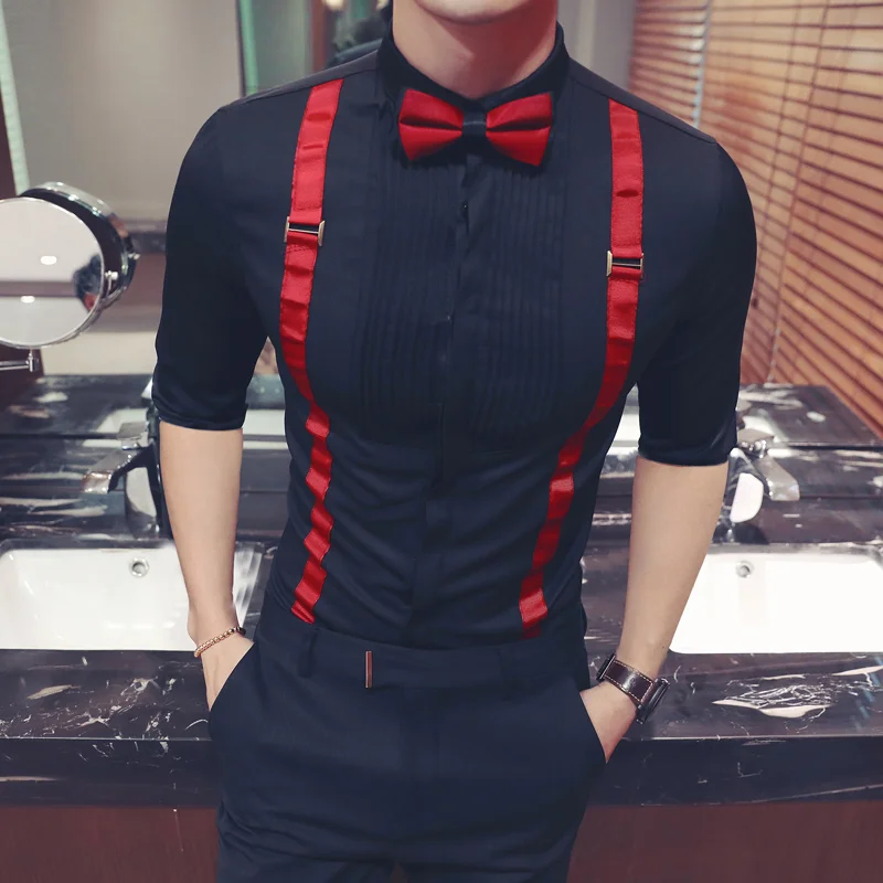 

New male slim skinny shirts men straps decoration night club overalls three quarter sleeve shirts Vertical stripes solid shirt