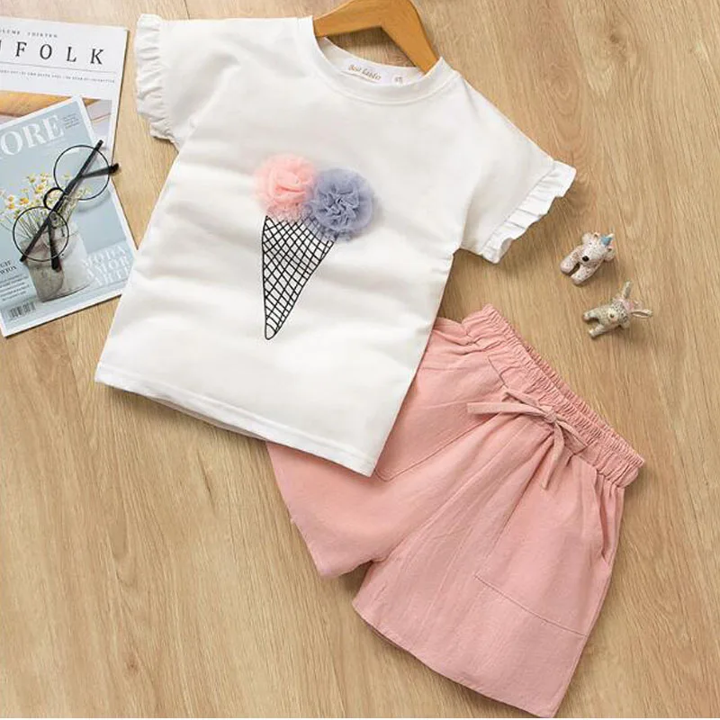 ZSIIBO Girls clothing set 2019 Summer cotton vest Three-dimensional Flower Two-piece sleeveless Children