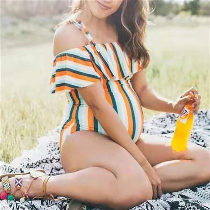 

Female Striped Floral Print Swimwear One Piece Big Size off Shoulder Swimsuit Beach Summer Bikini Bathingsuit Pregnant Women 3XL