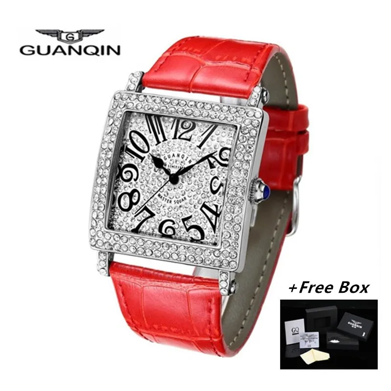 

New Brand GUANQIN Women Luxury Diamond Square Dress Watches 2018 Leather Strap Ladies Quartz Watch Waterproof Lover Female Clock