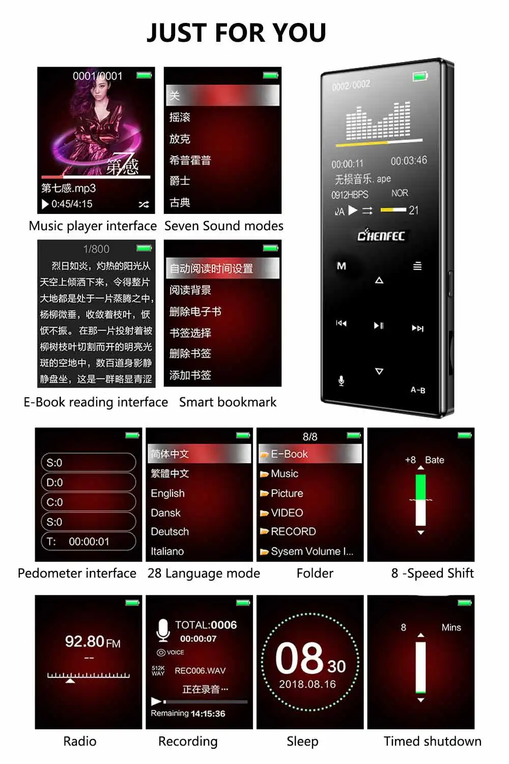 Bluetooth 4,2 MP3-плеер с динамиком, металлическая Спортивная портативная сенсорная кнопка hifi музыкальный проигрыватель с функцией записи fm-радио, sd-карта до 128 г