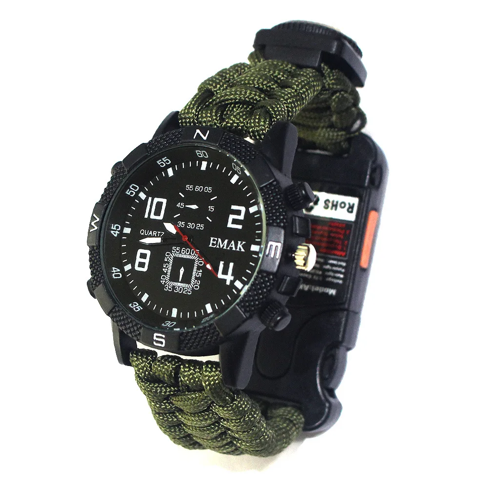 

Outdoor Camping Survival Watch Tools Kit Rechargeable 2km Infrared SOS LED Light Flashlight Paracord Compass Whistle Reflector